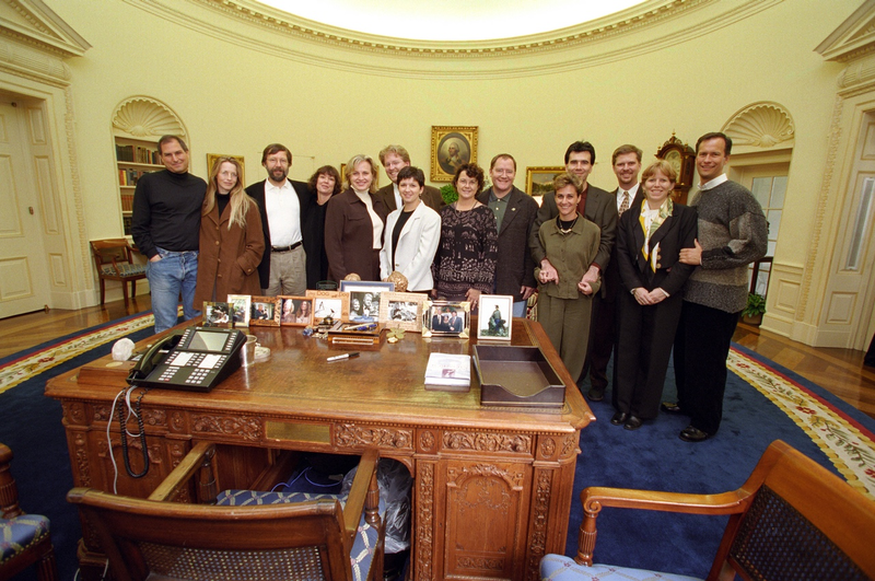 Top brass from Pixar in the Oval Office on November 9, 1998 in what’s described as “Camp David weekend guests” on contact sheets at the Clinton Library (Clinton Presidential Library)